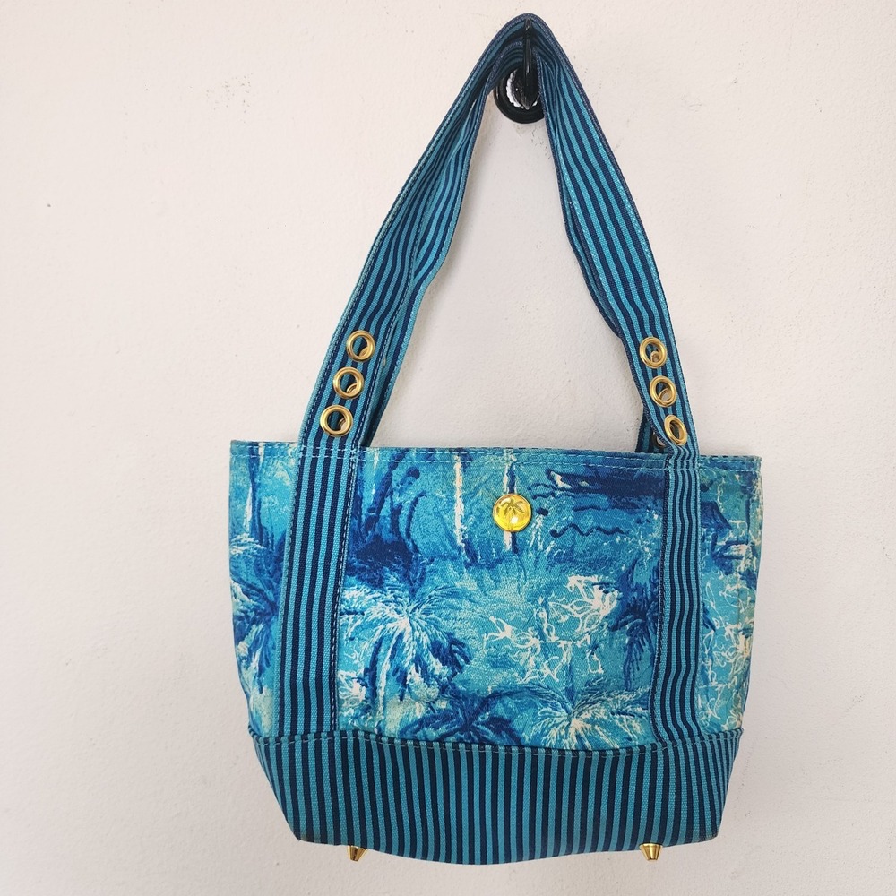 Y2K Palm Island Blue Purse Tote Bag Palm Print Striped Coconut Girl